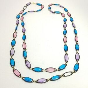 Vintage Blue Pink Purple Panel Chain Necklace, Long Length, Retro 60s 70s Estate